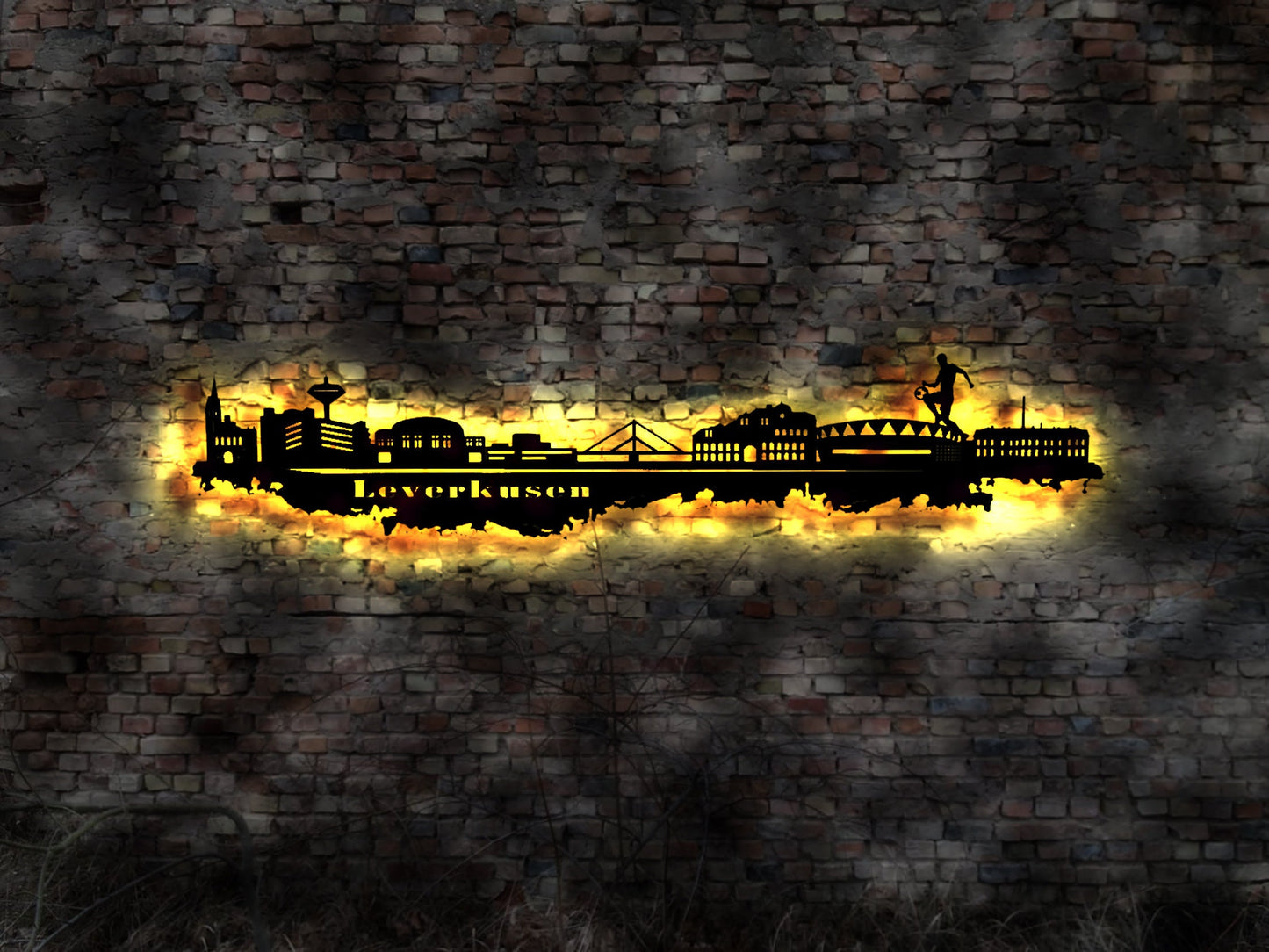 Skyline Leverkusen LED Wandbild   Holz Stadt AK Karte Map Stadtplan Wandsticker Leuchtbild Neonreklame Wandtattoo Reiseführer Silhouette