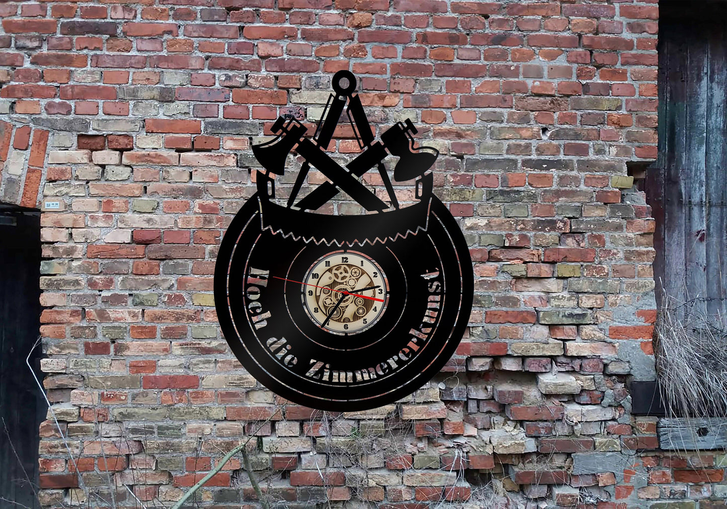 Wanduhr Uhr Holzuhr Uhren Ziffernblatt Zimmerer Zimmermann Schild no Aufkleber Bild Logo T-shirt Hose Hoch die Zimmererkunst Wappen
