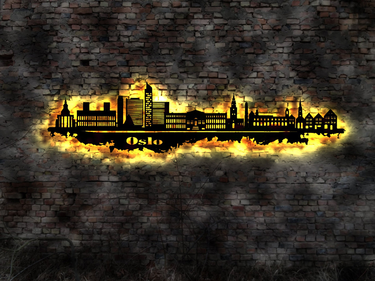 Skyline Oslo Norwegen Hauptstadt  LED Wandbild   Holz Stadt AK Karte Map Stadtplan Wandsticker Leuchtbild Wandtattoo Reiseführer Silhouette