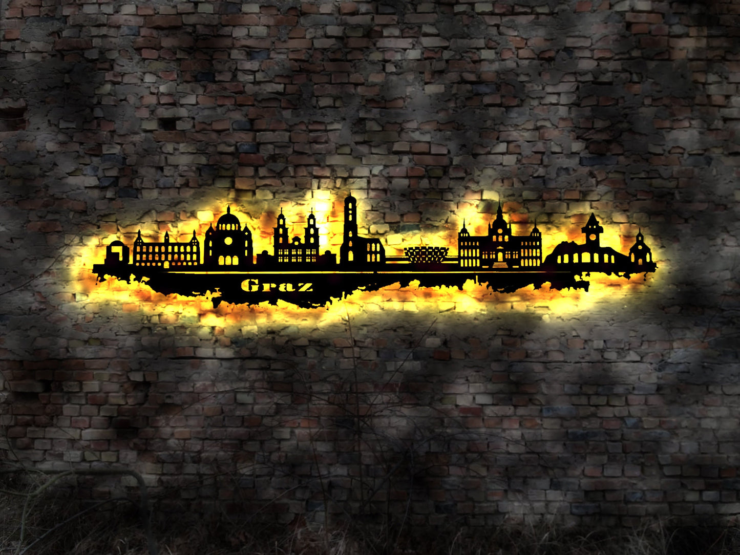 Skyline Graz Österreich Austria  LED Wandbild   Holz Stadt AK Karte Map Stadtplan Wandsticker Leuchtbild Wandtattoo Reiseführer Silhouette