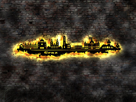 Skyline Graz Österreich Austria  LED Wandbild   Holz Stadt AK Karte Map Stadtplan Wandsticker Leuchtbild Wandtattoo Reiseführer Silhouette