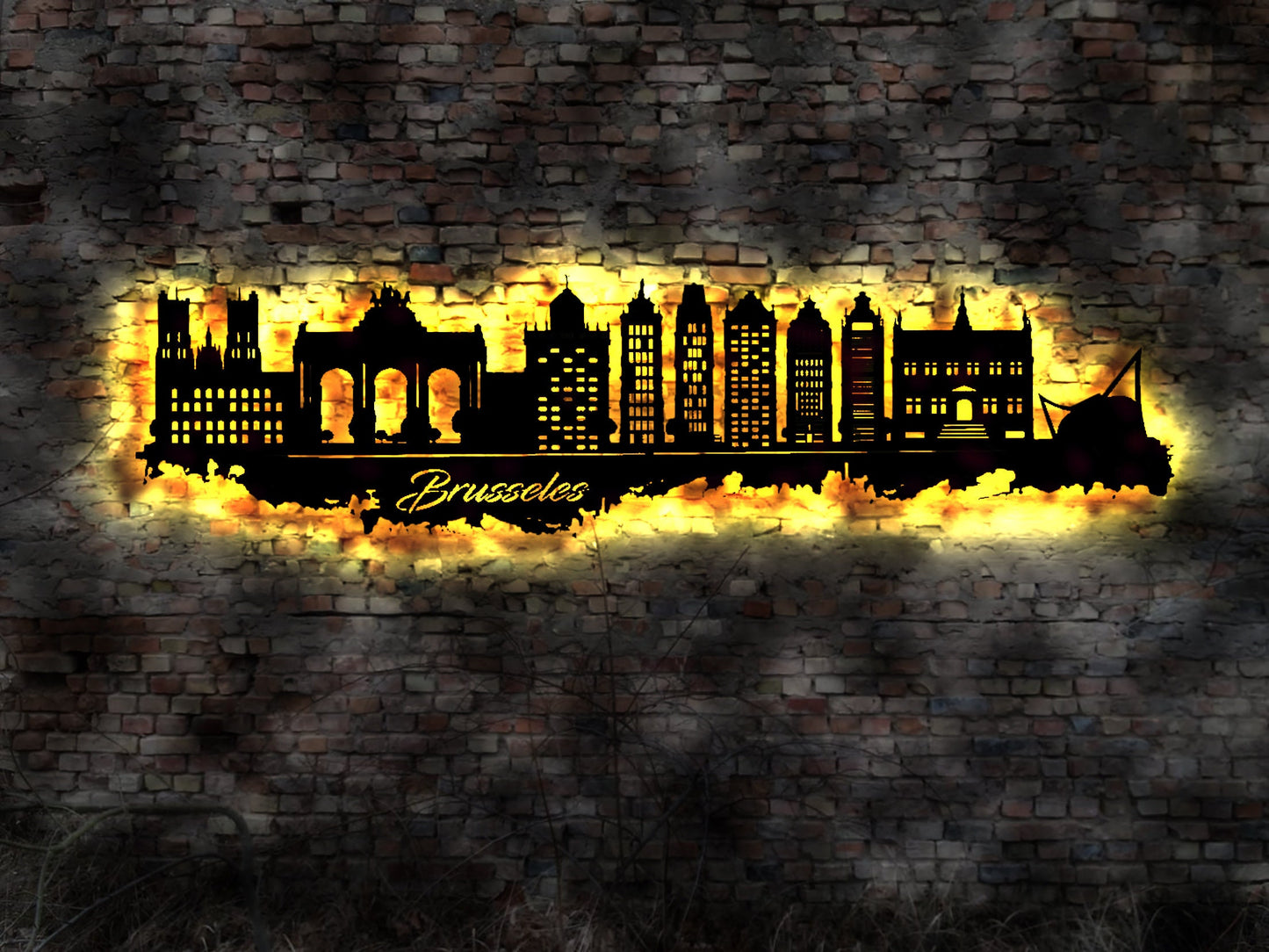 Skyline Brüssel Brusseles Belgien LED Wandbild   Holz Stadt AK Karte Map Stadtplan Wandsticker Leuchtbild Wandtattoo Reiseführer Silhouette