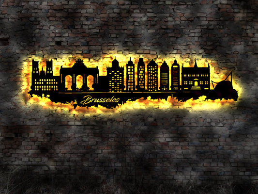 Skyline Brüssel Brusseles Belgien LED Wandbild   Holz Stadt AK Karte Map Stadtplan Wandsticker Leuchtbild Wandtattoo Reiseführer Silhouette