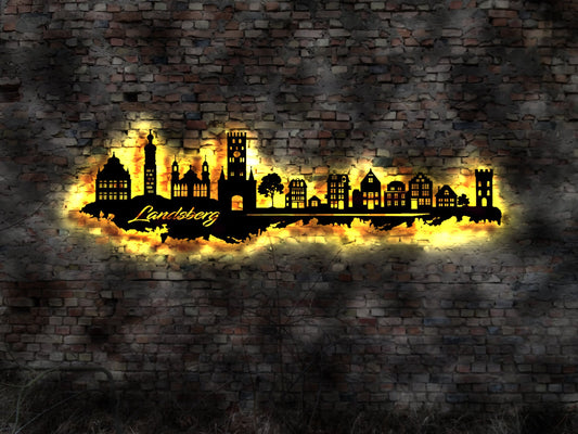 LED Skyline Landsberg  am Lech Wandbild Holz Stadt  Karte Map Stadtplan Wandsticker Leuchtbild Neonreklame Wandtattoo Reiseführer Silhouette