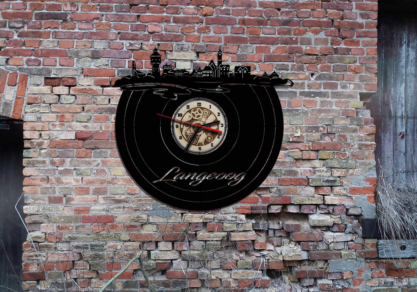 Wanduhr Uhr Holzuhr Uhren Ziffernblatt Skyline Langeoog Nordsee Stadt Karte Map Wandsticker Leuchtbild Neonreklame Wandtattoo Reiseführer