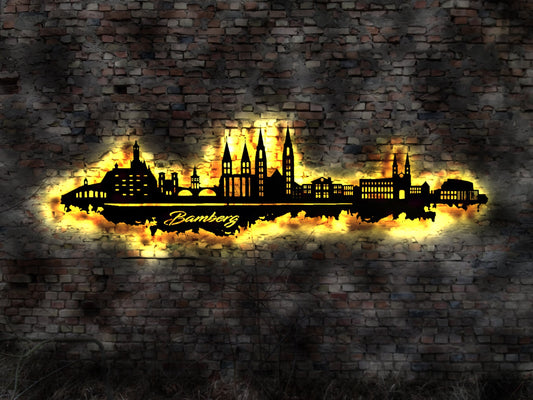 Skyline Bamberg Stadt  LED Wandbild   Holz Stadt AK Karte Map Stadtplan Wandsticker Leuchtbild Wandtattoo Reiseführer Silhouette