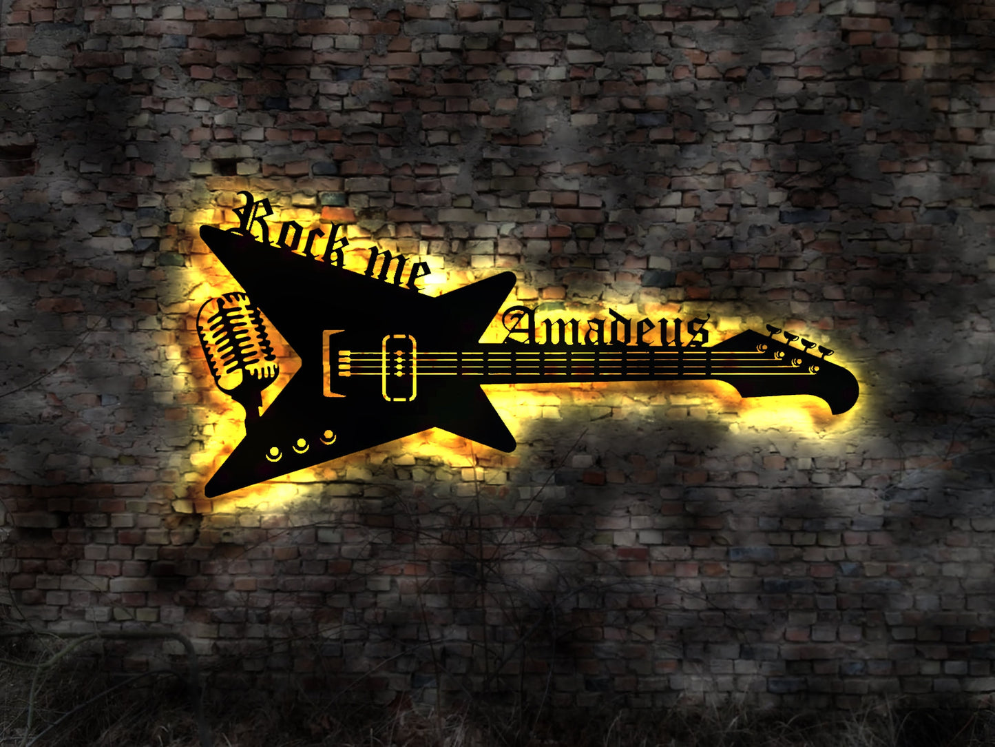 LED Leuchtschild Rock me Amadeus Gitarre Guitar Leuchtreklame Schild Neonreklame sign Wunschtext Anfertigung nach Wunsch Holzschild