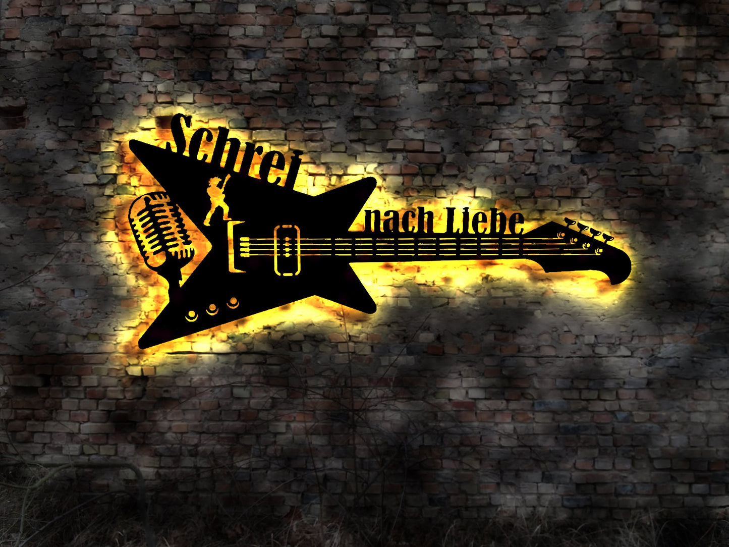 LED Leuchtschild Schrei nach Liebe Gitarre Guitar Leuchtreklame Schild Neonreklame sign Wunschtext Anfertigung nach Wunsch Holzschild