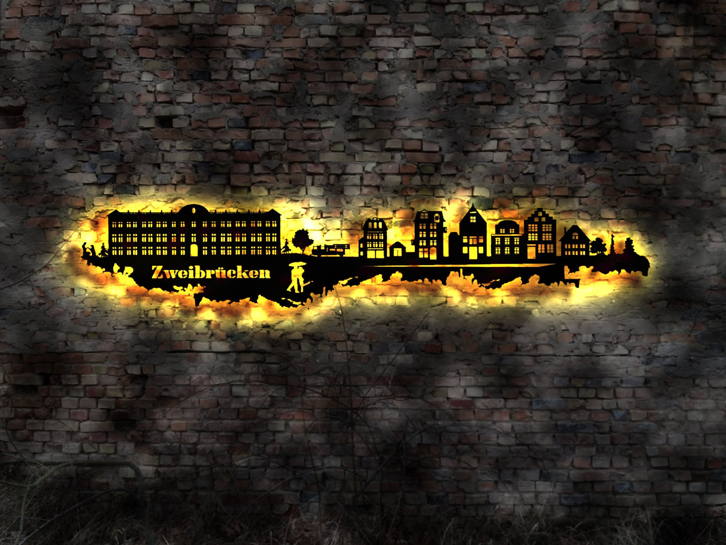 Skyline Zweibrücken LED Wandbild Holz Stadt AK Karte Map Stadtplan Wandsticker Leuchtbild Wandtattoo Reiseführer Silhouette