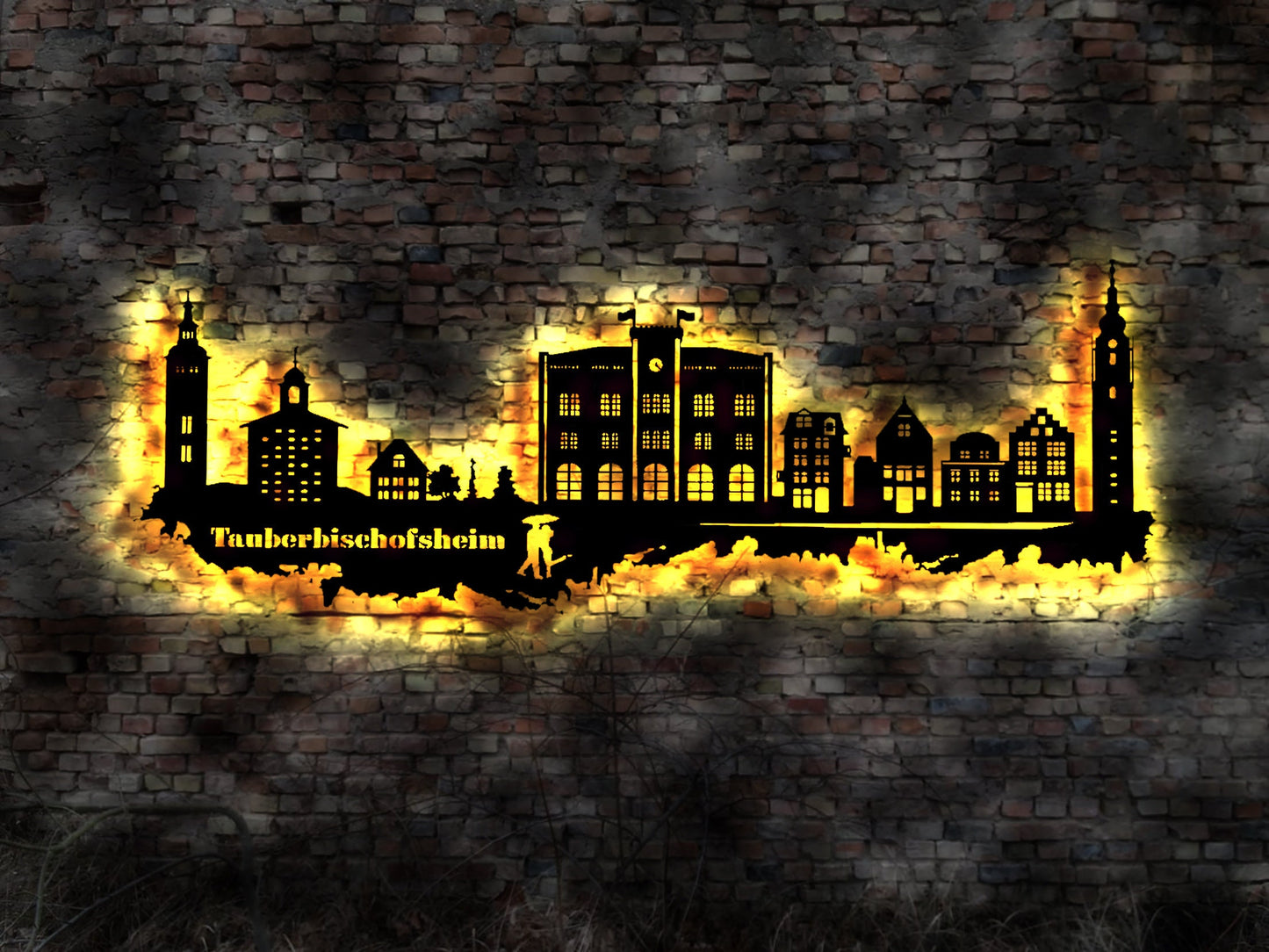 Skyline Tauberbischofsheim LED Wandbild Holz Stadt AK Karte Map Stadtplan Wandsticker Leuchtbild Wandtattoo Reiseführer Silhouette