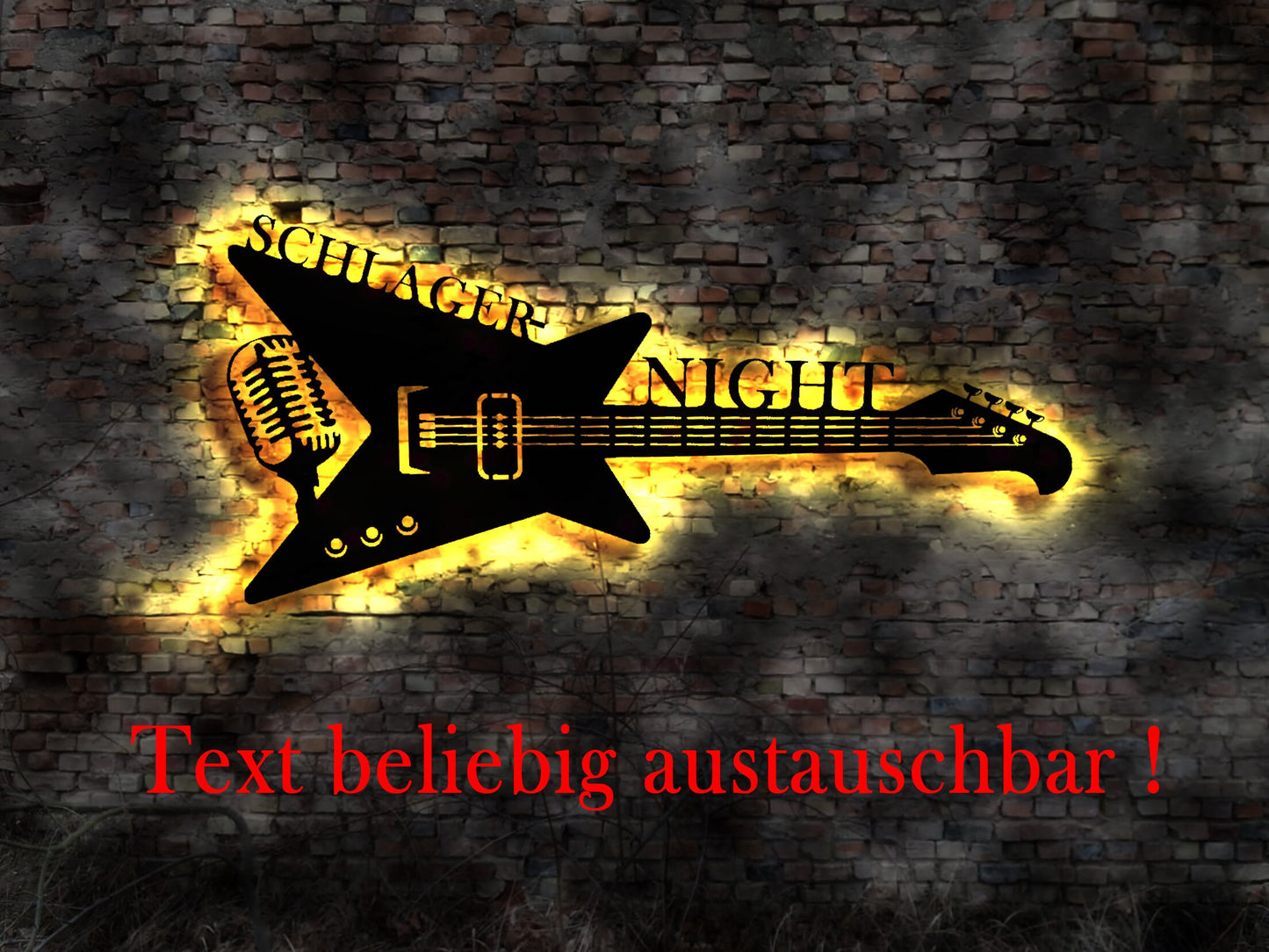 LED Leuchtschild Schlager - Night Guitar Gitarre Guitar Leuchtreklame Schild Neonreklame sign Wunschtext Anfertigung nach Wunsch Holzschild