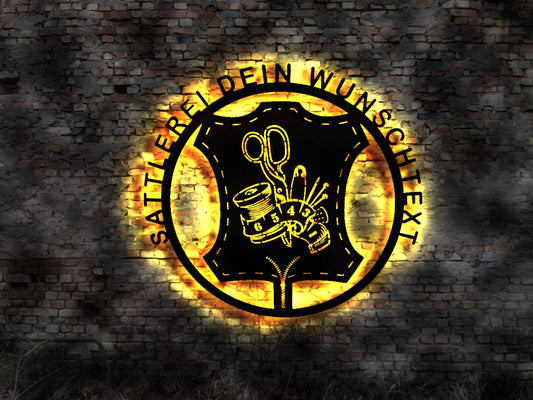 LED Wandbild Sattler Sattlerei Näherei Auto Autosattler Werkzeug  Silhouette Firmenschild sign Werkzeug Werkstatt Schild Aufkleber