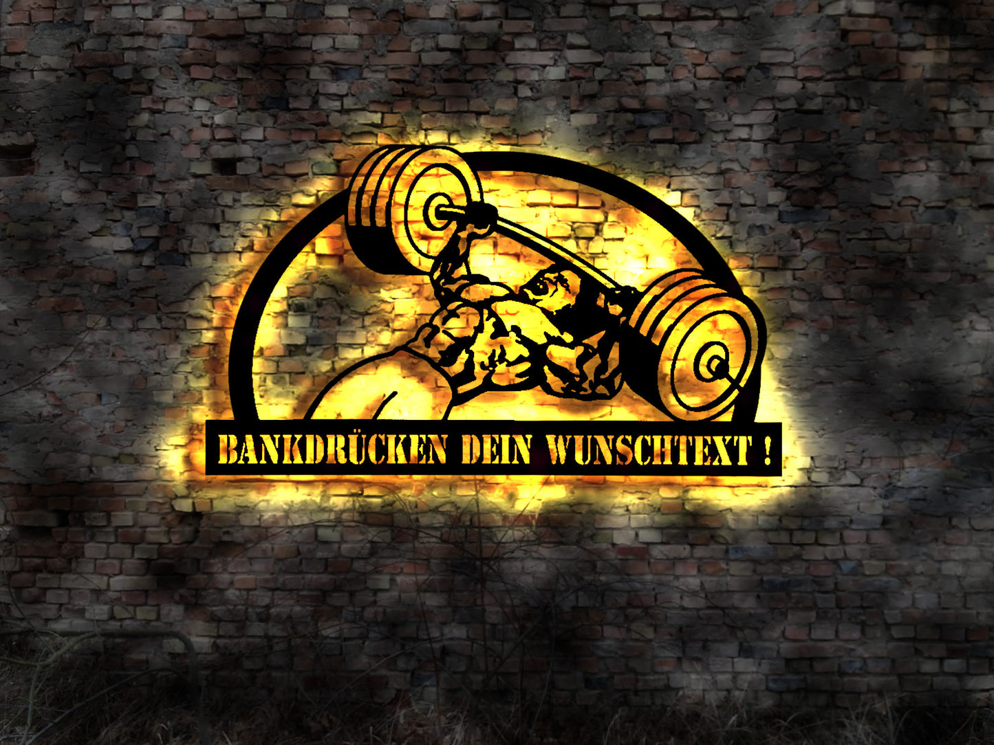 Leuchtreklame LED Schild Wandbild Holz Bankdrücken Benchpress Langhantel drücken Gewichte 100kg Bankdrück  Abzeichen Medallie