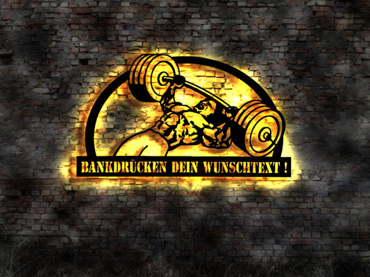 Leuchtreklame LED Schild Wandbild Holz Bankdrücken Benchpress Langhantel drücken Gewichte 100kg Bankdrück  Abzeichen Medallie