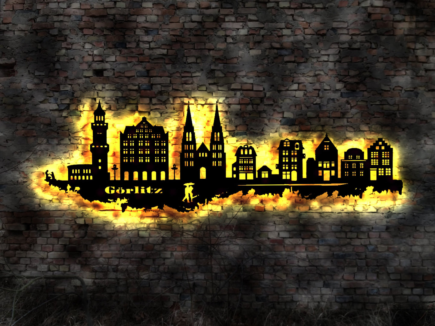Skyline Görlitz LED Wandbild Holz Stadt AK Karte Map Stadtplan Wandsticker Leuchtbild Neonreklame Wandtattoo Reiseführer Silhouette