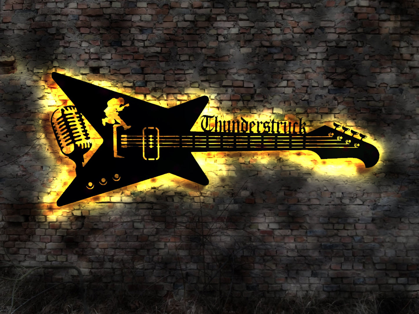 LED Leuchtschild Thunderstruck Gitarre Guitar Leuchtreklame Schild Neonreklame sign Wunschtext Anfertigung nach Wunsch Holzschild
