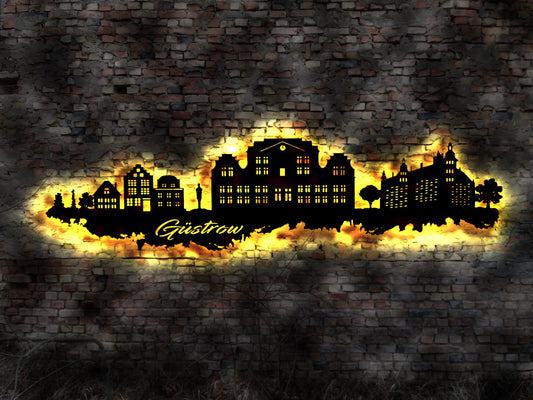 Skyline Güstrow MV  LED Wandbild Holz Stadt AK Karte Map Stadtplan Wandsticker Leuchtbild Neonreklame Wandtattoo Reiseführer Silhouette
