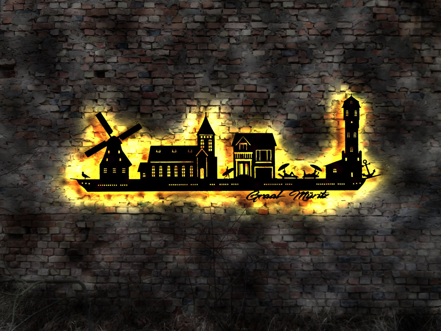 Skyline Ostseebad Graal Müritz Graal-Müritz Holz Stadt AK Karte Map Stadtplan Wandsticker Leuchtbild  Wandtattoo Reiseführer Silhouette