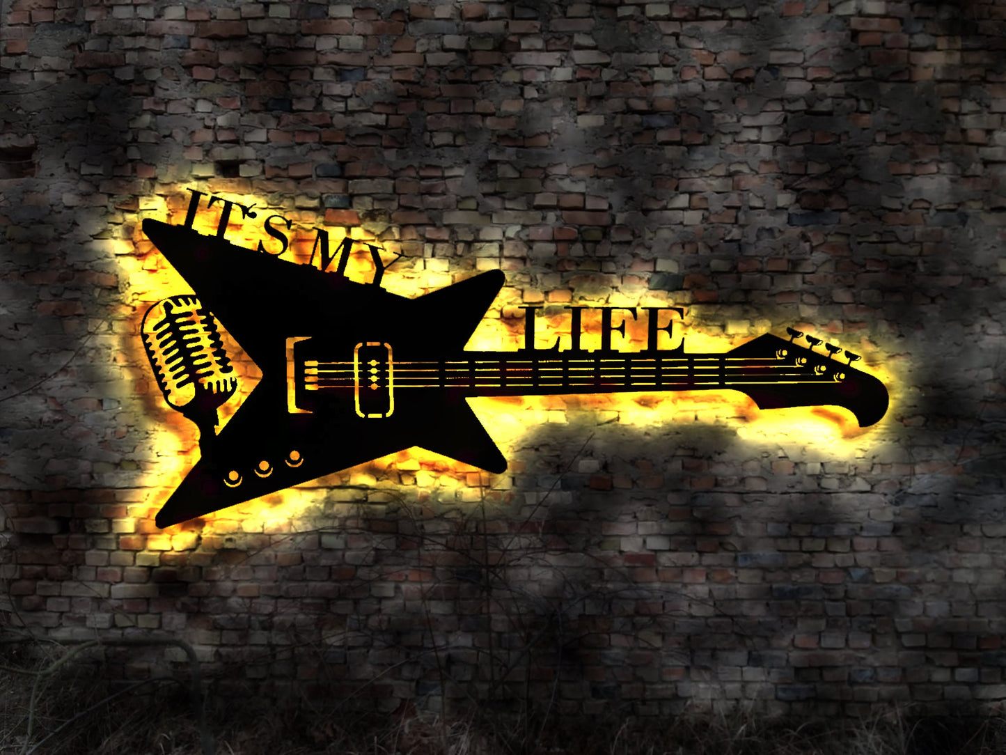 LED Leuchtschild It's Its my Life it s Gitarre Guitar Leuchtreklame Schild Neonreklame sign Wunschtext Anfertigung nach Wunsch Holzschild