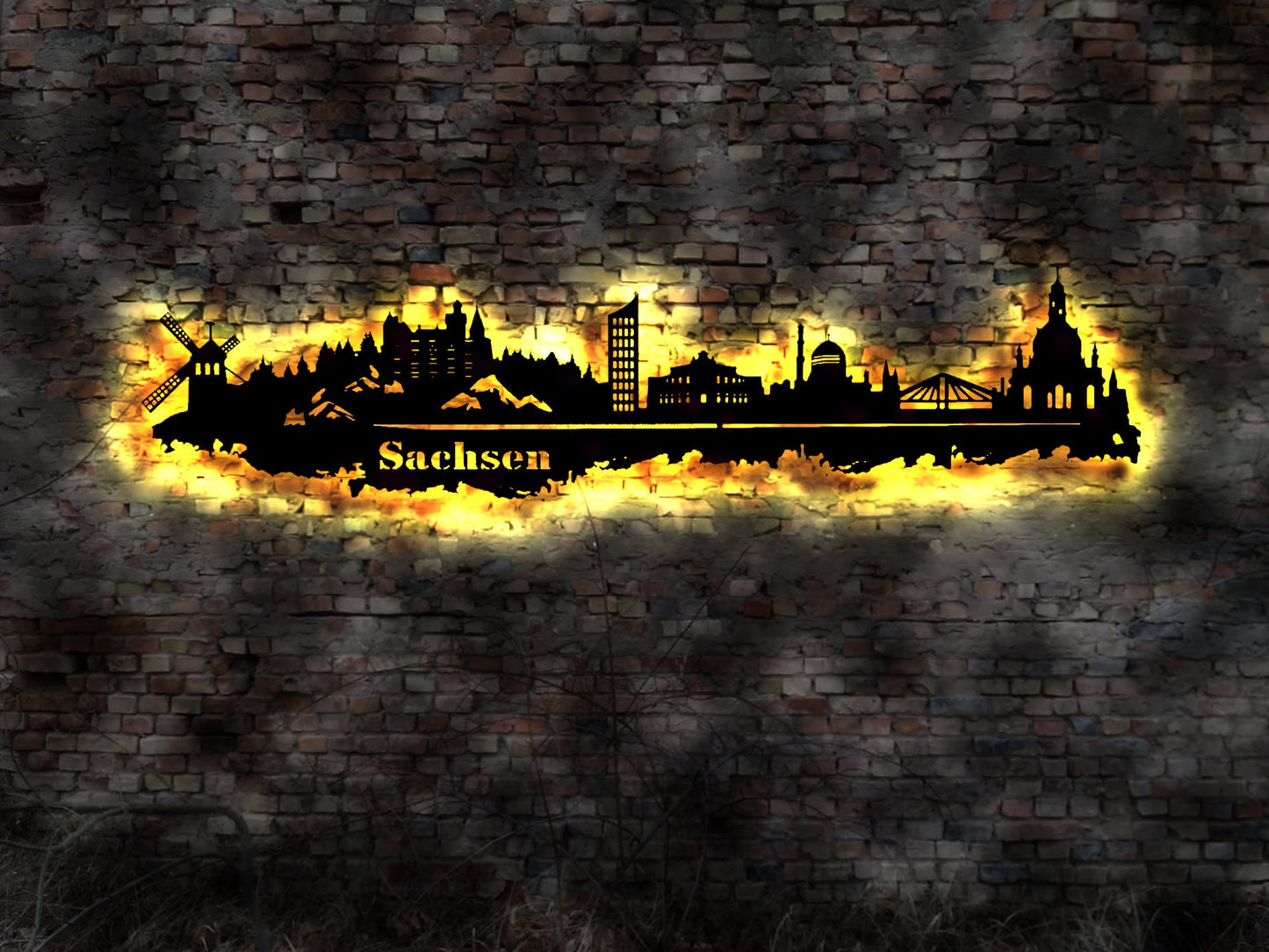 Skyline Bundesland Sachsen LED Wandbild Holz Stadt AK Karte Stadtplan Wandsticker Leuchtbild Dresden  Wandtattoo Reiseführer Silhouette