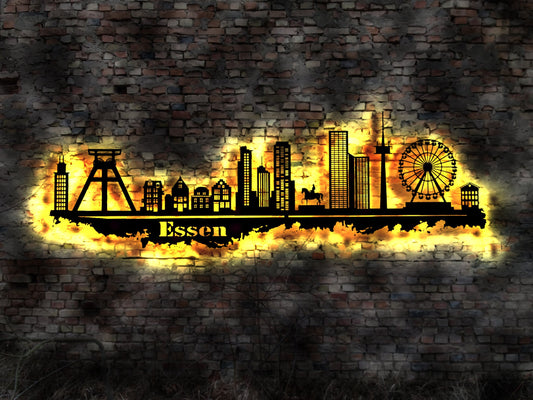 Skyline Essen  Wandbild Holz Stadt AK Karte Map Stadtplan Wandsticker Leuchtbild Neonreklame Wandtattoo Reiseführer Silhouette