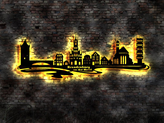 Skyline Brandenburg an der Havel  Stadt  LED Wandbild   Holz Stadt AK Karte Map Stadtplan Wand  Leuchtbild Wandtattoo Reiseführer Silhouette