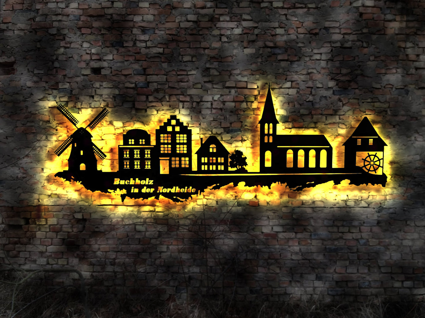 Skyline Buchholz in der Nordheide LED Wandbild Holz Stadt AK Karte Map Stadtplan Wandsticker Leuchtbild Neonreklame Wandtattoo Silhouette