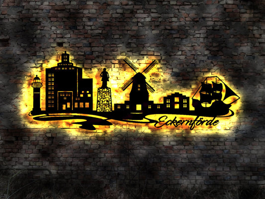 Skyline Eckernförde LED Wandbild Holz Stadt AK Karte Map Stadtplan Wandsticker Leuchtbild Neonreklame Wandtattoo Reiseführer Silhouette