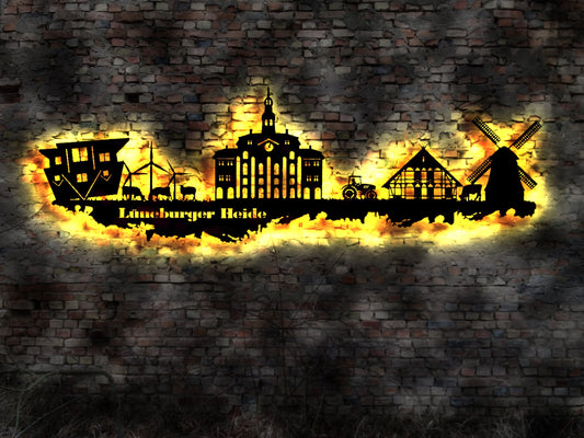 Skyline Lüneburger Heide LED Wandbild Holz Stadt AK Karte Map Stadtplan Wandsticker Leuchtbild Neonreklame Wandtattoo Reiseführer Silhouette