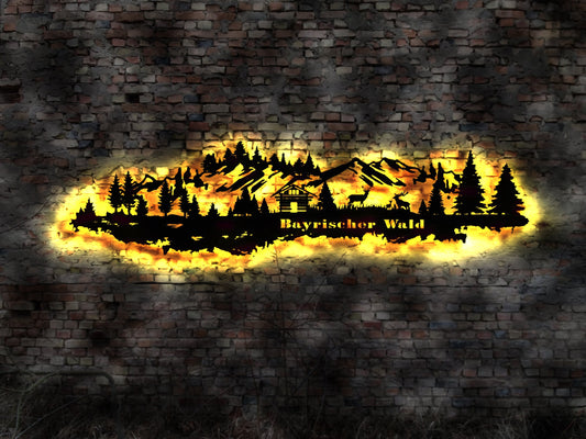 Skyline Bayrischer Wald Wandbild   Holz Stadt AK Karte Map Stadtplan Wandsticker Leuchtbild Neonreklame Wandtattoo Reiseführer Silhouette