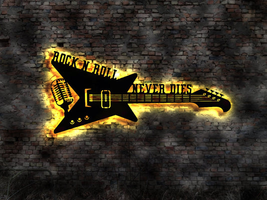 Rock'n Roll never dies  Rock and Roll will never die   Schild Gitarre LED Wandbild Neon sign Werbung Leuchtschild Bardeko  Guitar E-Gitarre