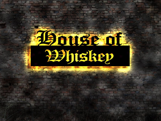 Leuchtreklame House of Whiskey no Gläser Irish drink bottle Fass Bar Tresen Holzfass Whyskeyfass Sammler  Collection Whiski sign Schild