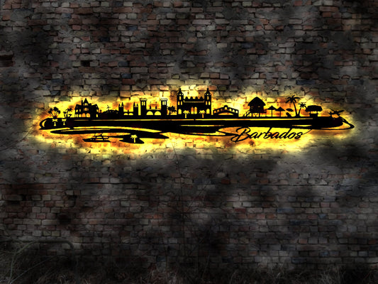 Skyline Insel Barbados  LED Wandbild Holz Stadt AK Karte Map Wandsticker Leuchtbild Neonreklame Wandtattoo Reiseführer Silhouette