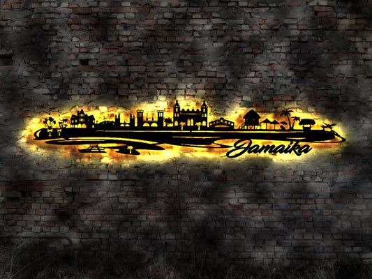 Skyline Insel Jamaika LED Wandbild Holz Stadt AK Karte Map Wandsticker Leuchtbild Neonreklame Wandtattoo Reiseführer Silhouette Karibik