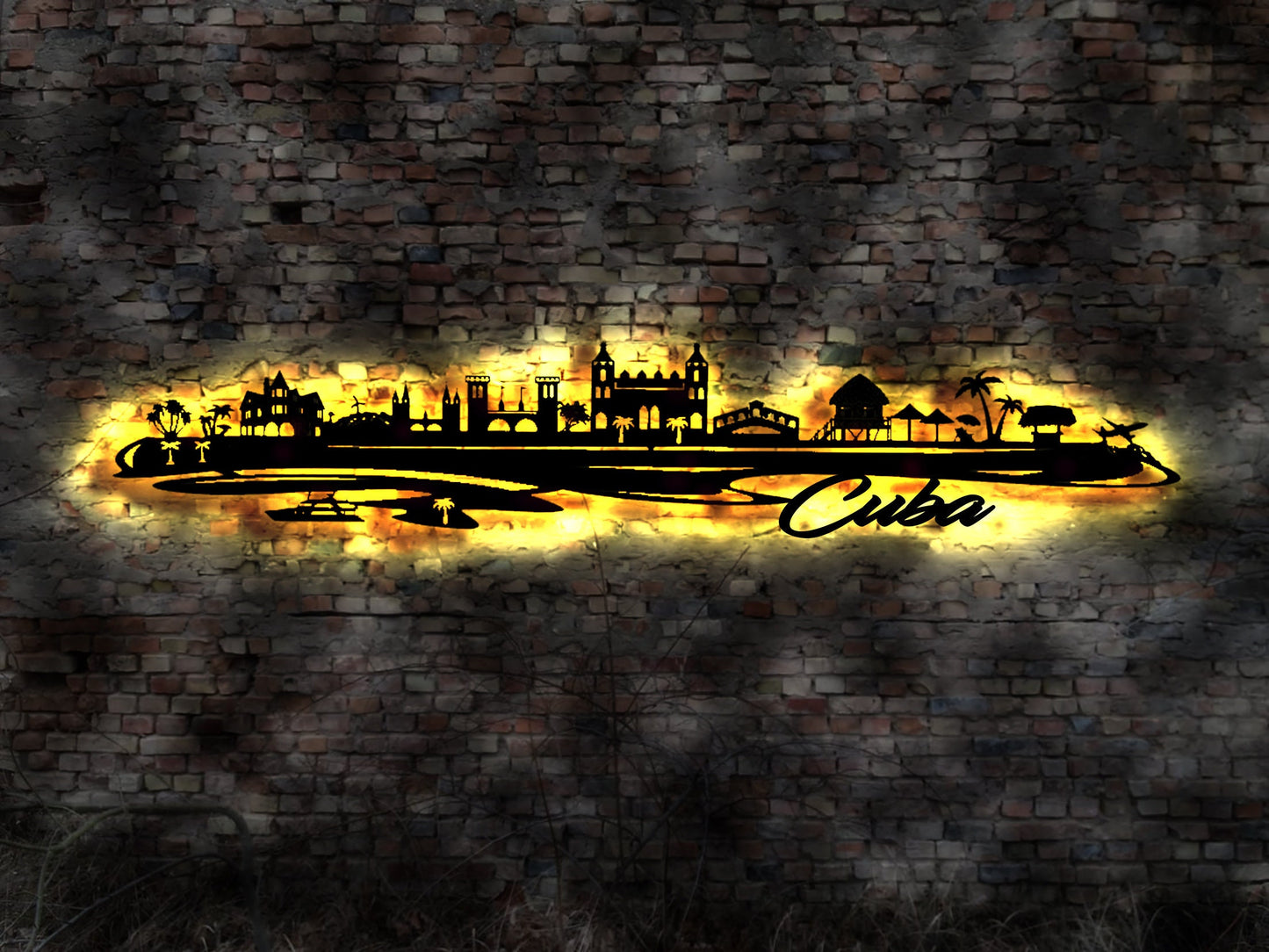 Skyline Kuba Cuba Urlaub  LED Wandbild Holz Stadt AK Karte Map Wandsticker Leuchtbild Neonreklame Wandtattoo Reiseführer Silhouette Karibik