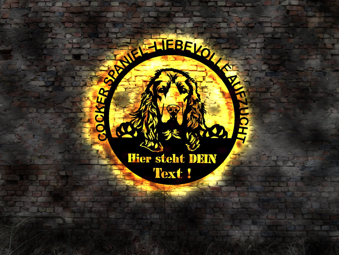 Aufzucht Cocker Spaniel LED Wandbild aus Holz Welpen Welpe Buch Hund Dog Zucht Züchter Geschirr Futternapf Leine Leckerlies Halsband