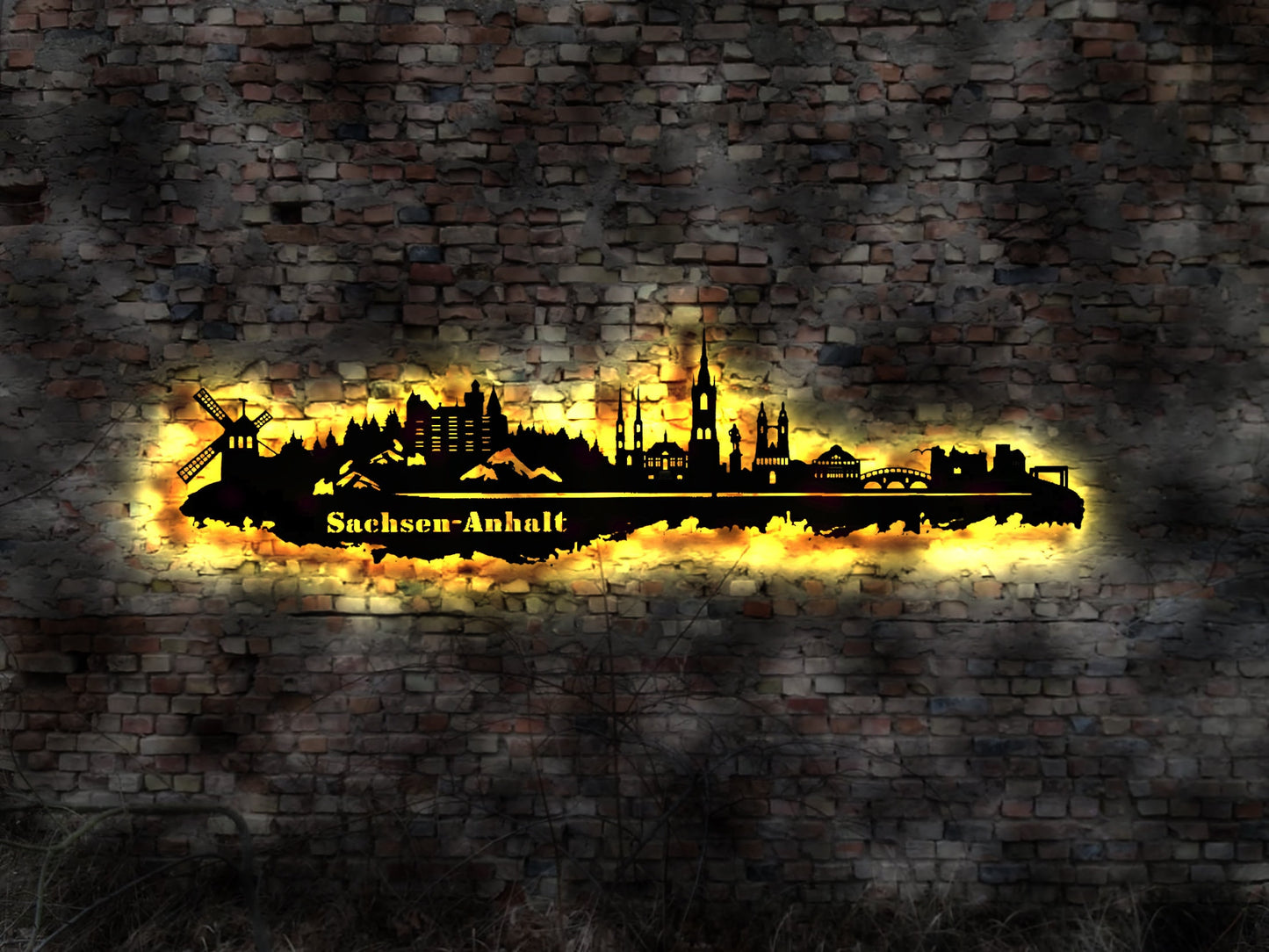 Skyline Bundesland Sachsen Anhalt LED Wandbild Holz Stadt  Karte Stadtplan Wandsticker Sachsen-Anhalt  Wandtattoo Reiseführer Silhouette