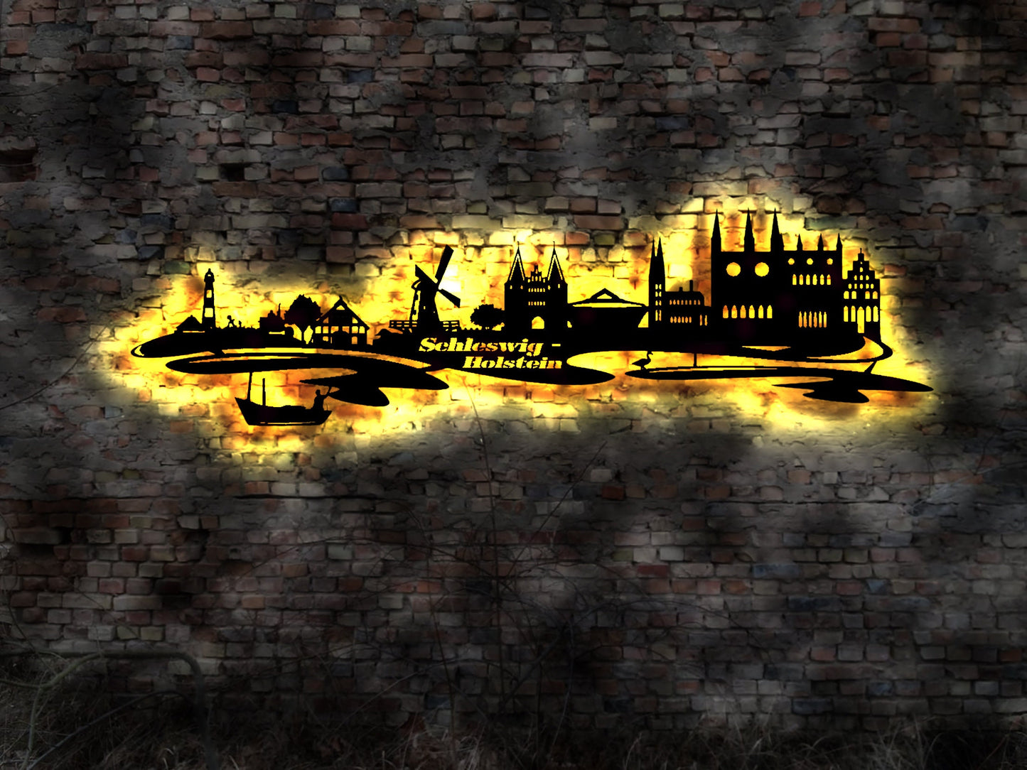 Skyline Bundesland Schleswig-Holstein LED Wandbild Holz Stadt  Karte Stadtplan Lübeck Kiel Schleswig Holstein Reiseführer Silhouette