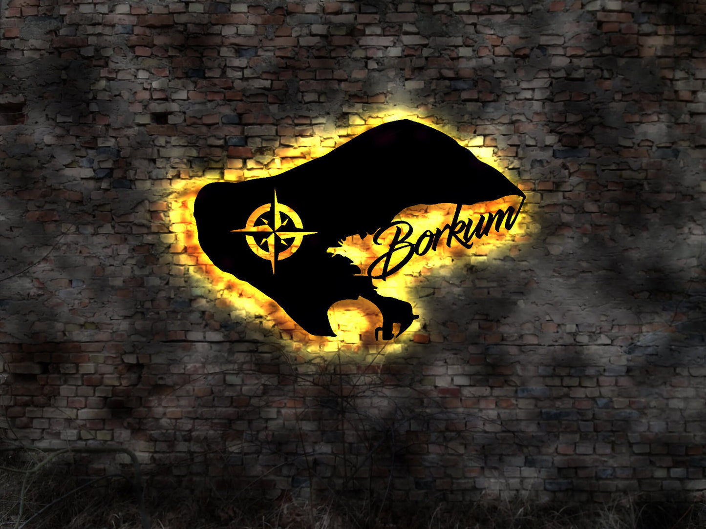 Skyline Borkum  Wattenmeer  LED Wandbild Insel  Holz Stadt AK Karte  Stadtplan Wandsticker Leuchtbild  Wandtattoo Reiseführer Silhouette