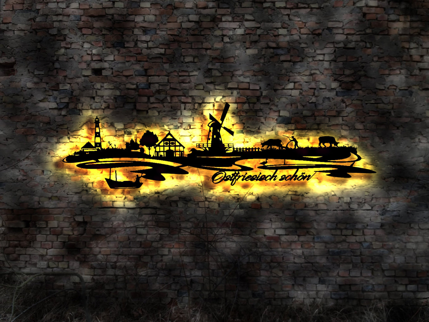 Skyline Nordsee osfriesisch LED Wandbild Holz Stadt AK Karte Map Wandsticker Leuchtbild Neonreklame Wandtattoo Reiseführer Silhouette