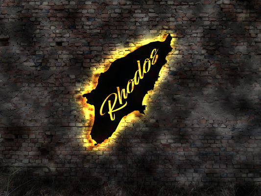 Skyline Insel Rhodos LED Wandbild Holz Stadt AK Karte Map Wandsticker Leuchtbild Neonreklame Wandtattoo Reiseführer Silhouette