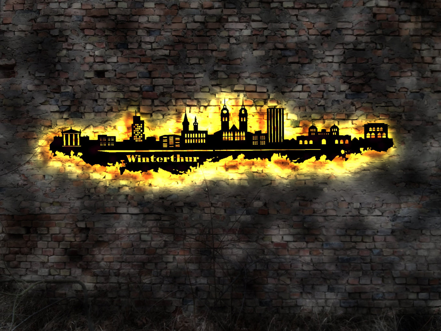 Skyline Winterthur LED Wandbild Holz Stadt AK Karte Map Stadtplan Wandsticker Leuchtbild Neonreklame Wandtattoo Reiseführer Silhouette