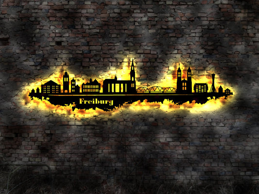 Skyline Freiburg  LED Wandbild Holz Stadt AK Karte Map Stadtplan