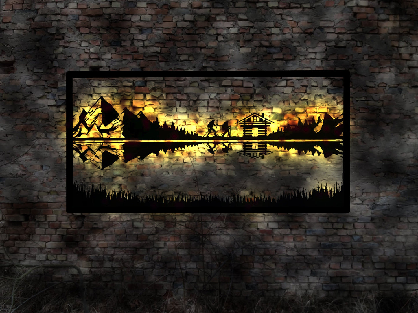 Gebirge Abendstimmung Skyline Sonnenuntergang LED Wandbild Holz romantisches Geschenk Romaniker Wandtattoo Reiseführer Silhouette