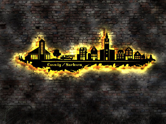 Skyline Coswig Sachsen LED Wandbild Holz Stadt AK Karte Map Stadtplan Wandsticker Leuchtbild Neonreklame Wandtattoo Reiseführer Silhouette