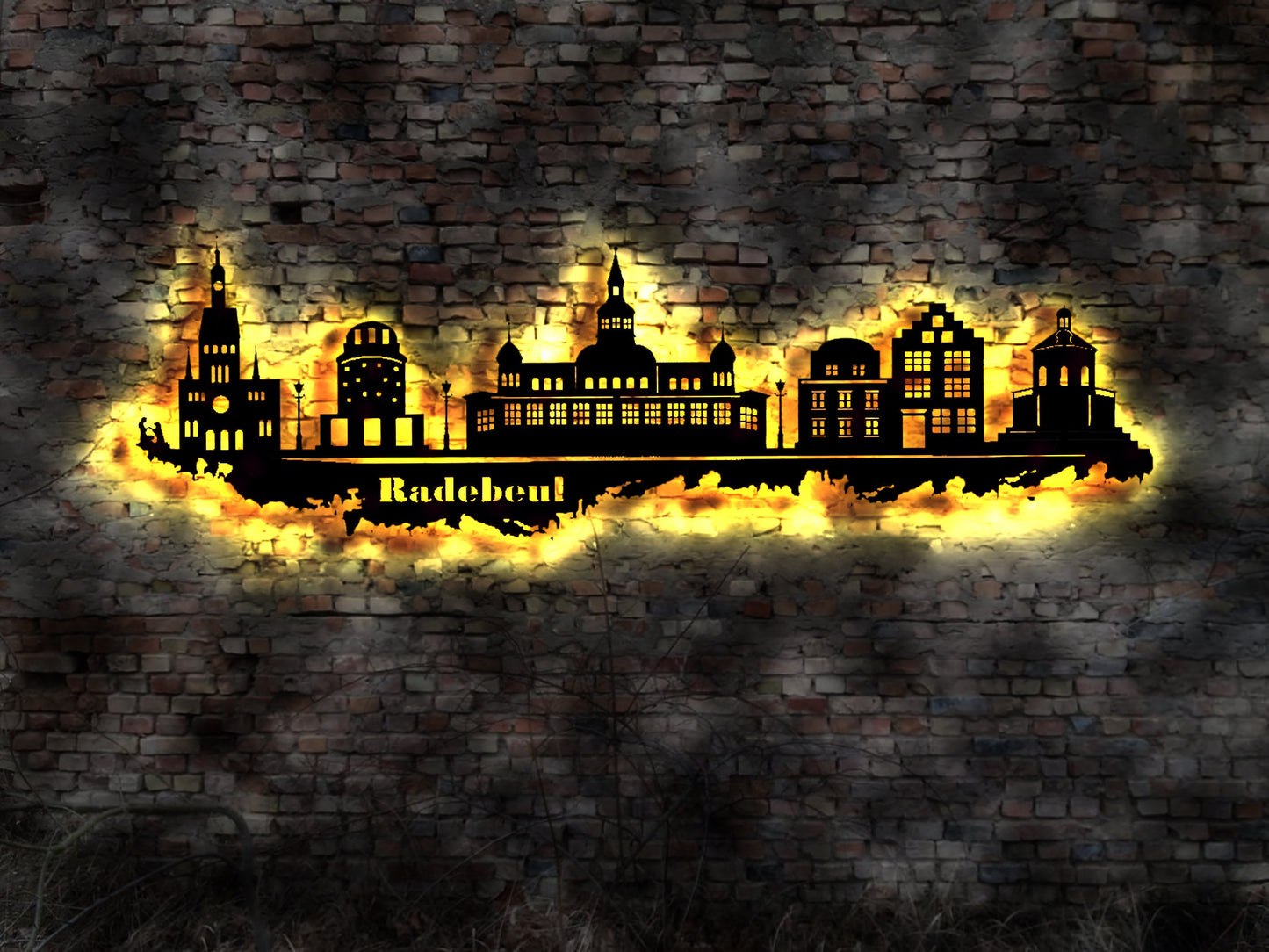 Skyline Radebeul  LED Wandbild Holz Stadt AK Karte Map Stadtplan Wandsticker Leuchtbild Neonreklame Wandtattoo Reiseführer Silhouette