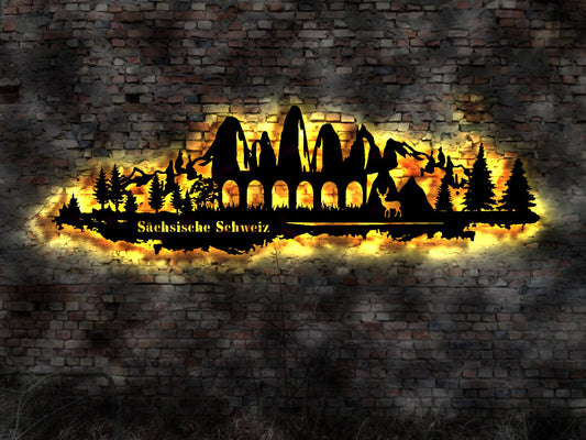 LED Skyline Sächsische Schweiz Sachsen Gebirge  Wandbild Holz Stadt AK Karte  Leuchtbild Schild Bild  Wandtattoo Reiseführer Silhouette
