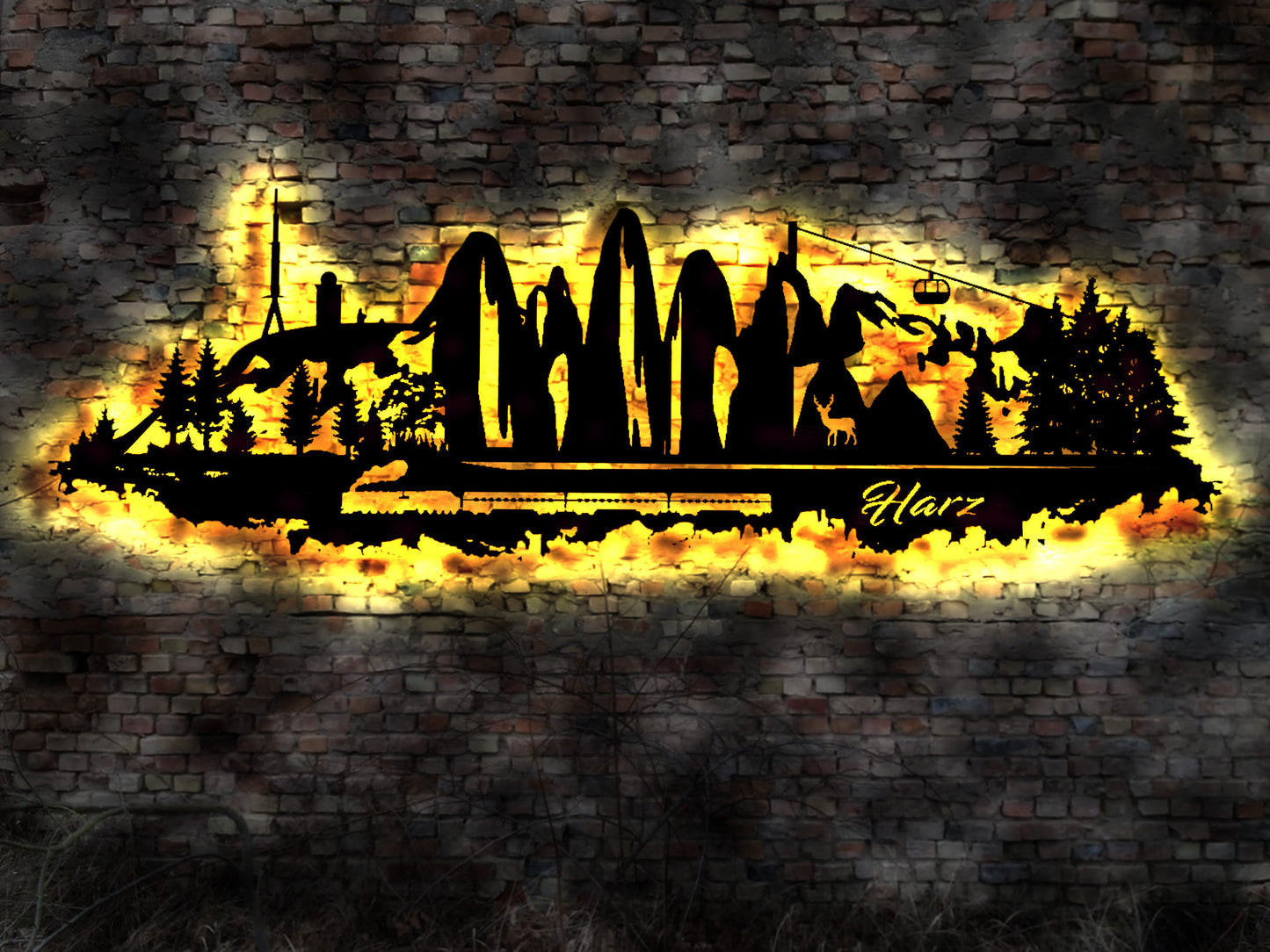 Skyline Harz LED Wandbild   Holz Stadt AK Karte Map Wandsticker Leuchtbild Neonreklame Wandtattoo Reiseführer Silhouette