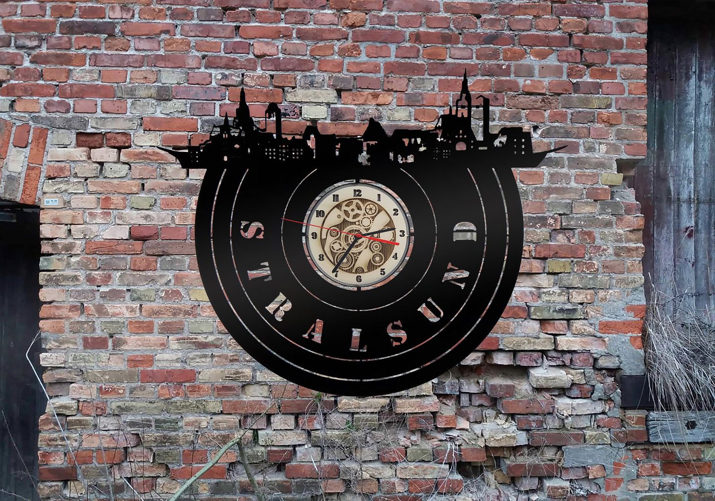 Stralsund Hansestadt Wanduhr Uhr Holzuhr Uhren Ziffernblatt Clock Holz Armbanduhr Skyline Silhouette Rostock Aufkleber