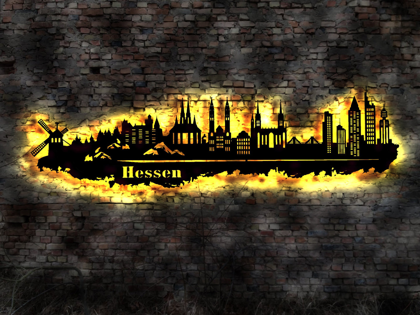 Skyline Bundesland Hessen LED Wandbild Holz Stadt AK Karte Stadtplan Wandsticker Leuchtbild Wiesbaden   Wandtattoo Reiseführer Silhouette